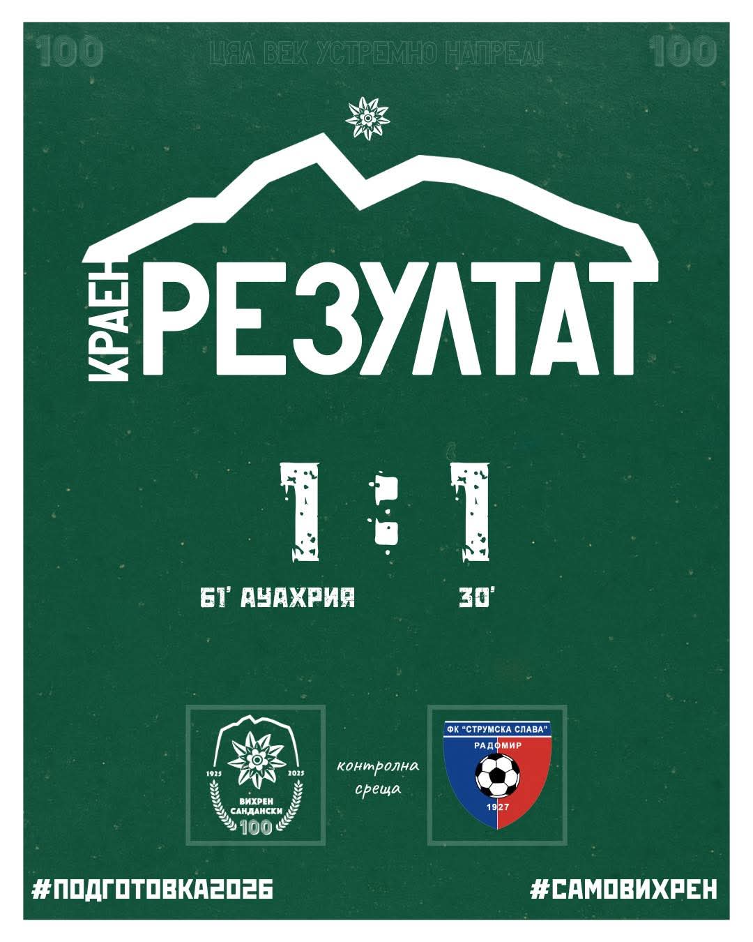 Вихрен завърши наравно в първата си зимна контролa