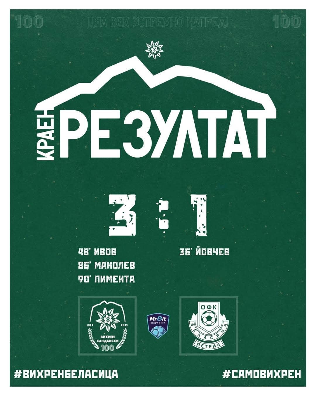 Вихрен отново показа кой е господарят — нов триумф над Беласица