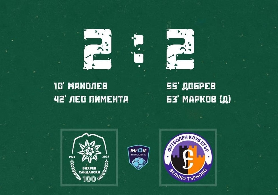 Вихрен (Сандански) направи равенство у дома срещу Етър (Велико Търново)